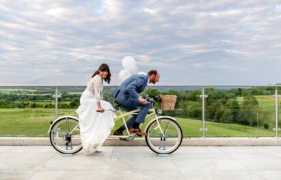 Wedding Couple on bike at 180 Degrees Sussex